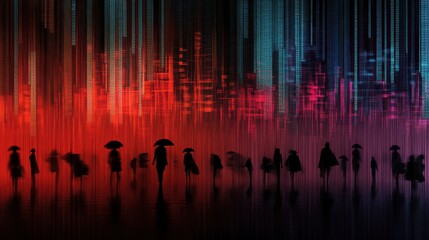 Poster - Urban silhouettes amidst a digital rain of light and color reflection