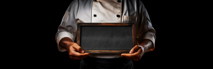 Aufkleber - Close-up of the hands of a chef or a waiter, holding an empty blackboard with wooden frame and copy space, isolated on black background. Wide template for a restaurant menu. Generative Ai.