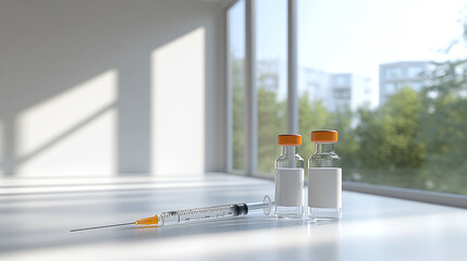 Vials and syringe on white table with background windows