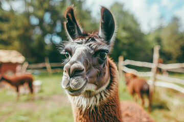 Generated AI portrait of alpaca in rural countryside farm