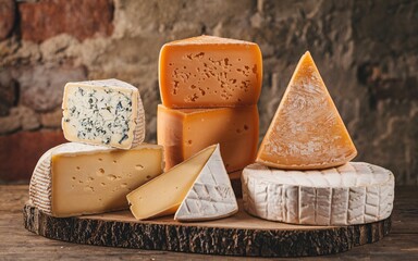 Cheese Assortment of different types of cheese on wooden board.