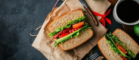 Two vegetarian sandwiches with tomato, cucumber and lettuce on whole-wheat bread with a cup of coffee and a knife on a brown paper bag on a black surface.