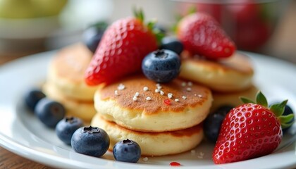 Canvas Print -  Deliciously stacked pancakes with fresh berries ready to be enjoyed