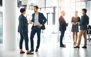Poster - Discussion, team and business people in office lobby plan finance investment for capital gain. Meeting, conversation and group of financial advisors briefing for company revenue, dividend or profit.