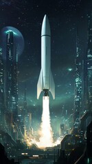 Canvas Print - Spaceship leaving futuristic city under the stars