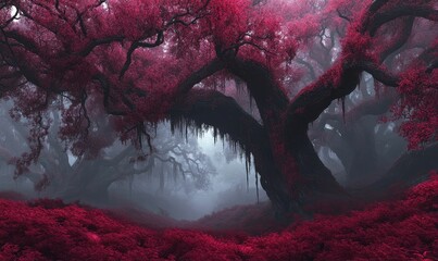 Wall Mural - Foggy forest with red trees and leaves.