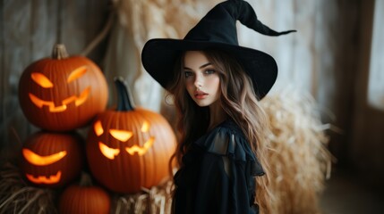 portrait of a witch in costume with pumpkins.