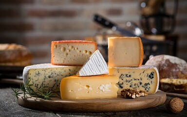 Cheese Assortment of different cheeses on a wooden board.