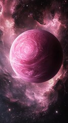Wall Mural - pink planet surrounded by purple nebula clouds in outer space