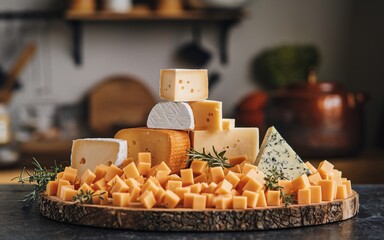 Cheese Assortment of gourmet cheeses on wooden board with rosemary sprigs.