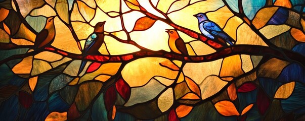 Sticker - Colorful stained glass window depicting birds on a branch at sunset