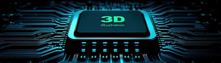 Poster - 3D illustration of a microchip on a circuit board, showcasing modern technology.