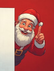 Wall Mural - Cartoon vector illustration of a happy Santa Claus peeking out from behind the edge of an empty white wall, pointing at it with his finger and smiling, against a vibrant red background, in high resolu