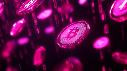 A futuristic presentation of digital currency, featuring glowing coins or symbols floating in mid-air. The symbols are illuminated with a vibrant pink light, creating a radiant and eye-catching effect