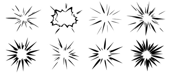Poster - Lined doodles of sparkles and rays. Hand drawn confetti, sunburst and decorative elements. Comic splash celebration. Vector.