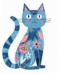  Colorful cat illustration floral flower wildflower black green dark kitten kitty cute modern animal decor design whimsical botanical pattern pink children's book playful character digital art