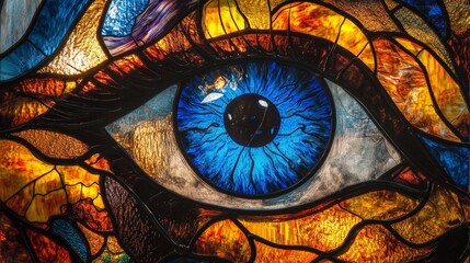 Poster - Stained glass showing a blue eye looking upwards