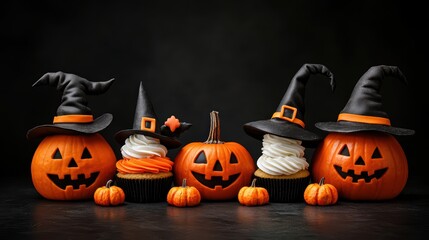 Wall Mural - Colorful Halloween decorations featuring pumpkins and cupcakes with witch hats, on a dark background.