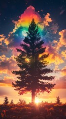 Poster - Lone pine tree silhouetted against a vibrant rainbow sunset sky