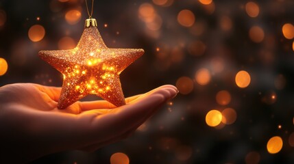 Hand holding a glowing holiday star. Background template for greeting card poster design