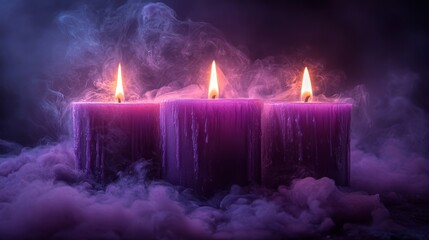 Poster - Three purple candles burning with smoke on dark background