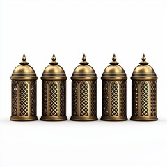 Five ornate bronze lanterns with intricate designs, isolated on a white background.