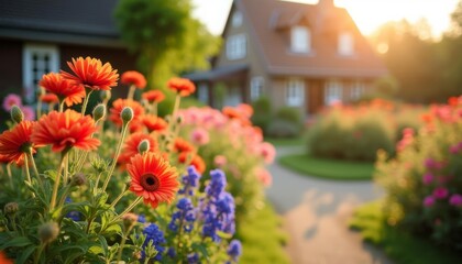 Canvas Print -  Vibrant garden blooms at sunset