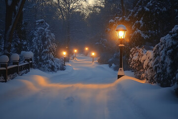 Street lamps illuminating a quiet, snow-covered street in the evening, with soft shadows and snow gently falling, creating a peaceful winter scene.

