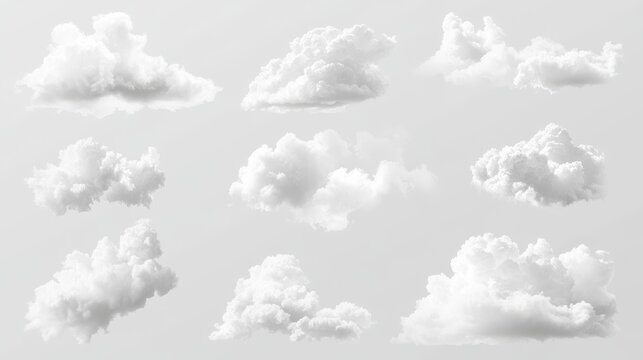 2410 40.A detailed set of white vector clouds with gentle edges, hazy fog patterns, and soft smoke trails, each element rendered with realistic depth and opacity, creating a serene floating effect