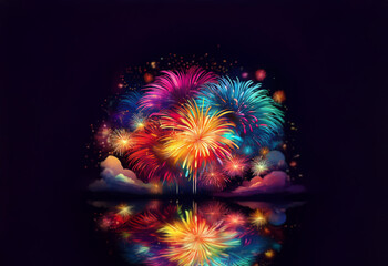 Aufkleber - A vibrant display of fireworks bursts across a dark sky, reflected in a still body of water,  creating a beautiful and festive scene.