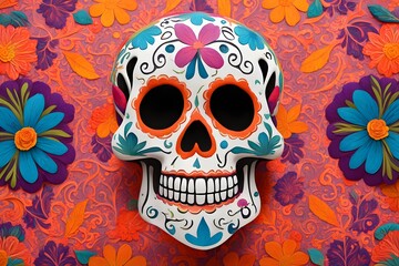 An intricately painted calavera skull set against a backdrop of bright papel picado, Ai Generated