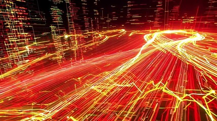 Poster - dynamic abstract light trails create a vibrant digital landscape with flowing patterns against a dar