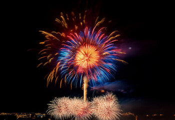 Sticker - A colorful fireworks display explodes in the night sky, isolated against a black background.