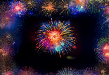 Poster - A single firework explodes in a burst of vibrant colors surrounded by an array of other fireworks against a dark, isolated background.