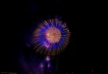 Poster - A single firework bursts in a circular pattern of blue, purple and gold against a black background.