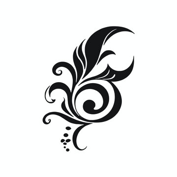A black floral or leaf-like decorative design with curving lines and swirls