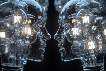 creative unity partnership light bulb as two groups of lightbulb objects shaped as a human head join