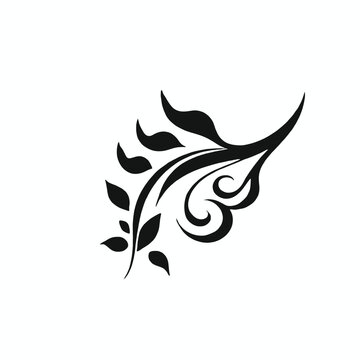 A black floral or leaf-like decorative design with curving lines and swirls
