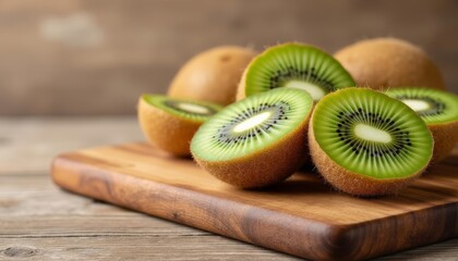 Canvas Print -  Freshly sliced kiwi on a wooden board ready to enjoy