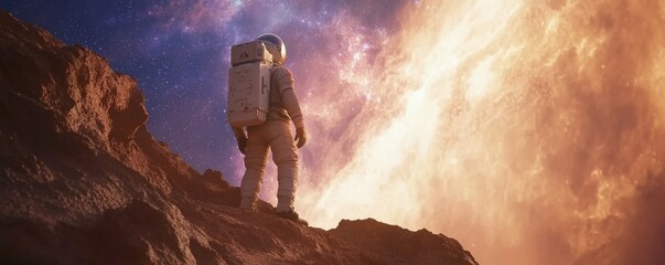 Wall Mural - Astronaut exploring new planet surface looking at galaxy