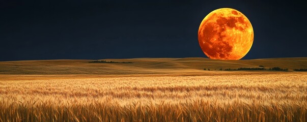 Poster - Giant orange moon rising over wheat field at night