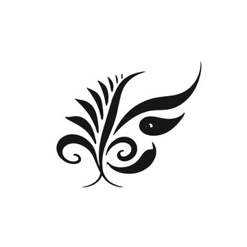 A black floral or leaf-like decorative design with curving lines and swirls