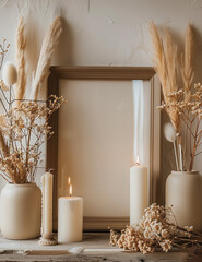 Aufkleber - On a shelf are candles and flowers with a vintage poster frame mockup. wooden framed sit on a table