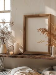Aufkleber - On a shelf are candles and flowers with a vintage poster frame mockup. wooden framed sit on a table