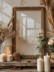 Aufkleber - On a shelf are candles and flowers with a vintage poster frame mockup. wooden framed sit on a table