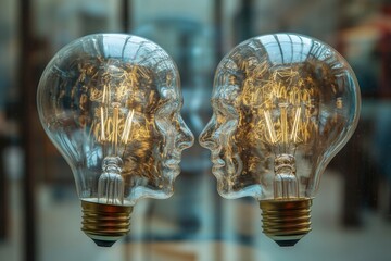 Creative unity partnership light bulb as two groups of lightbulb objects shaped as a human head joining together for a team project as a concept of inspiration. with generative ai