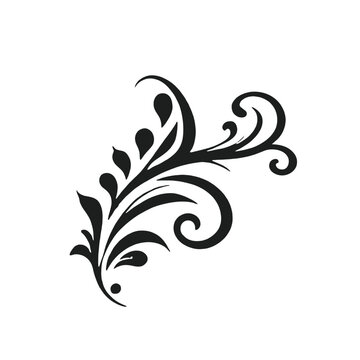 A black floral or leaf-like decorative design with curving lines and swirls