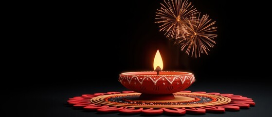 Wall Mural - Traditional oil lamp with flames, decorative base, and fireworks in dark background.