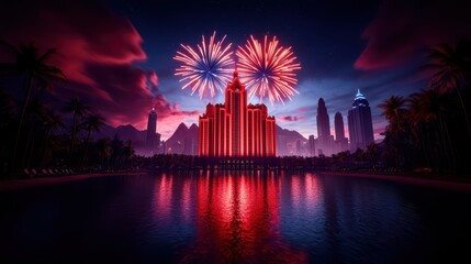 Wall Mural - Vibrant fireworks display over a city skyline at night with palm trees reflecting in the water.