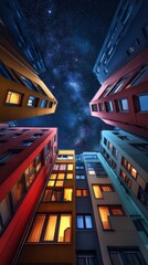 Wall Mural - Colorful apartment buildings under starry sky at night